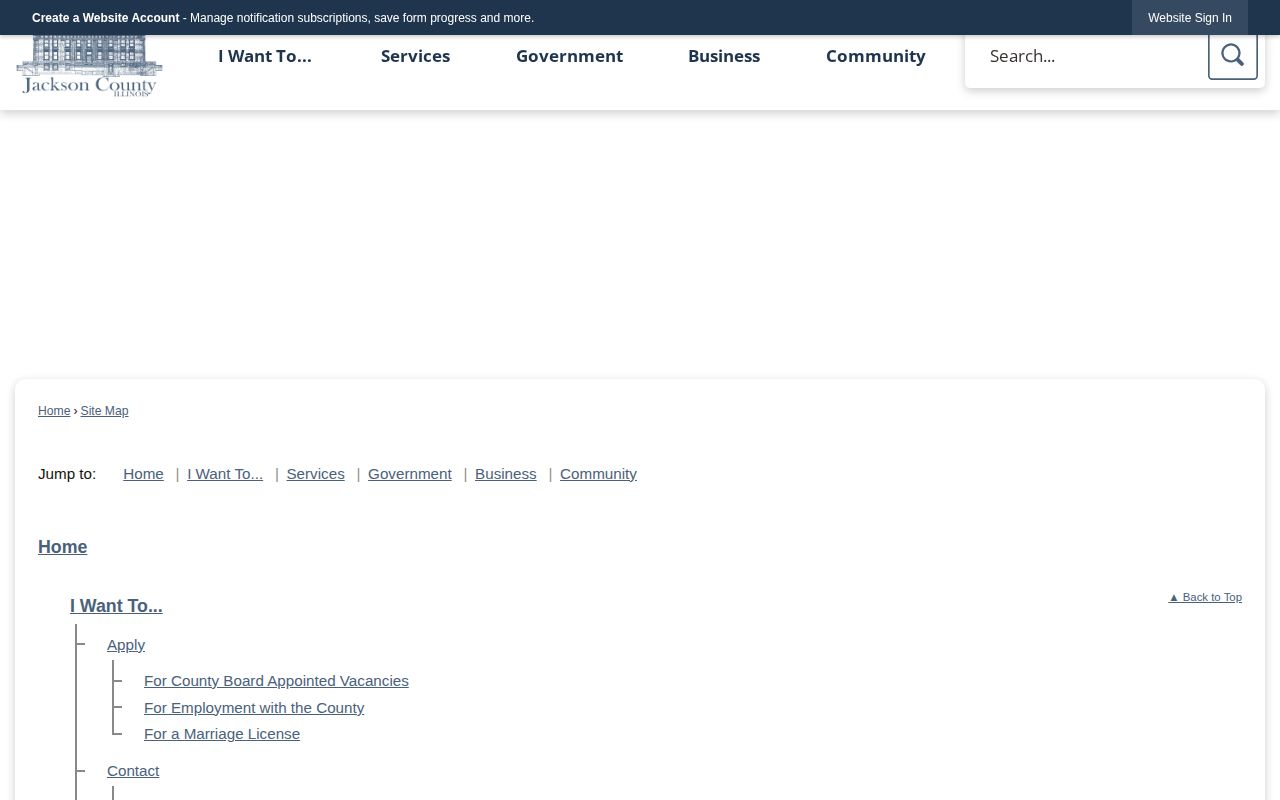 Jackson County sitemap showing sheriff and jail resources but no booking feed
